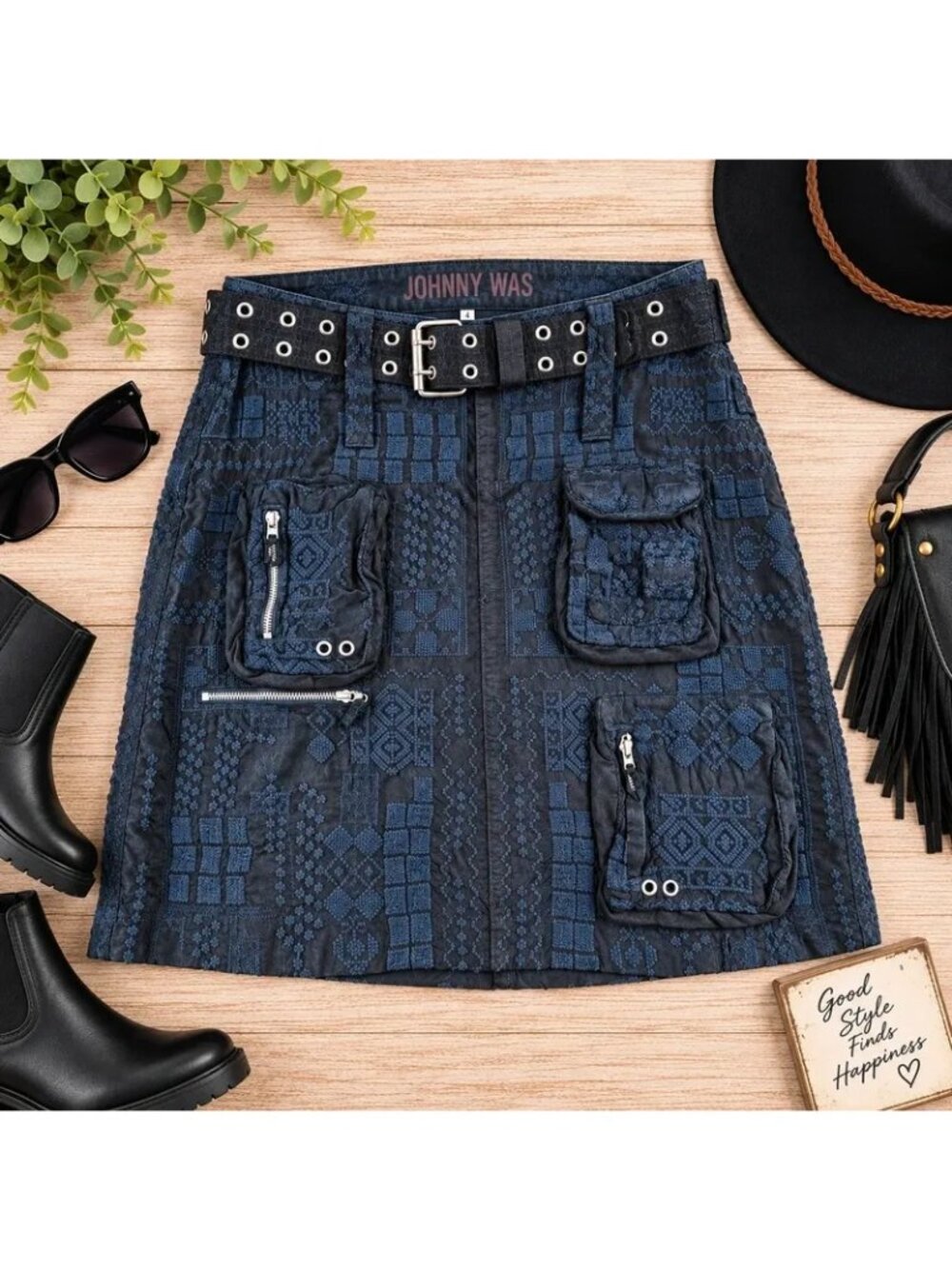 Johnny Was Augusta Cargo Skirt Size 4 Blue Embroidered Utility Belted Boho